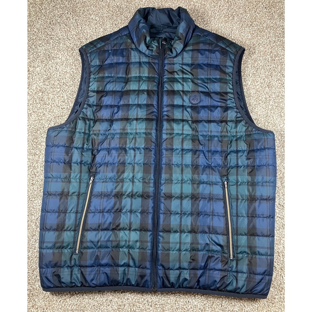 Brooks Brothers Mens XL Black Watch Plaid Quilted Puffer Vest Navy Green Zip Up